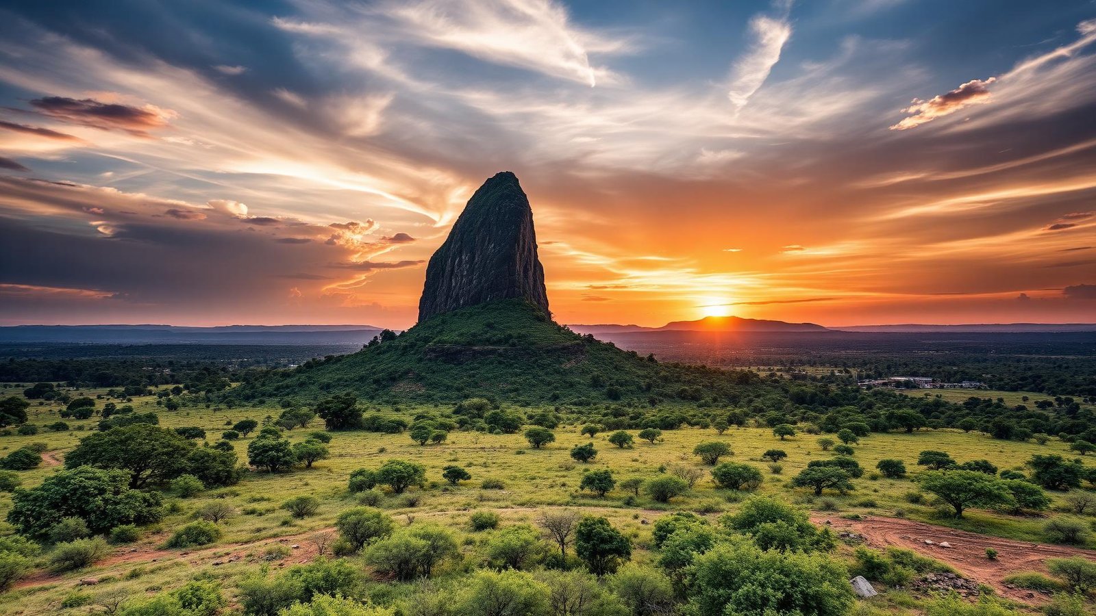 Zuma Rock rising above the savanna at sunset