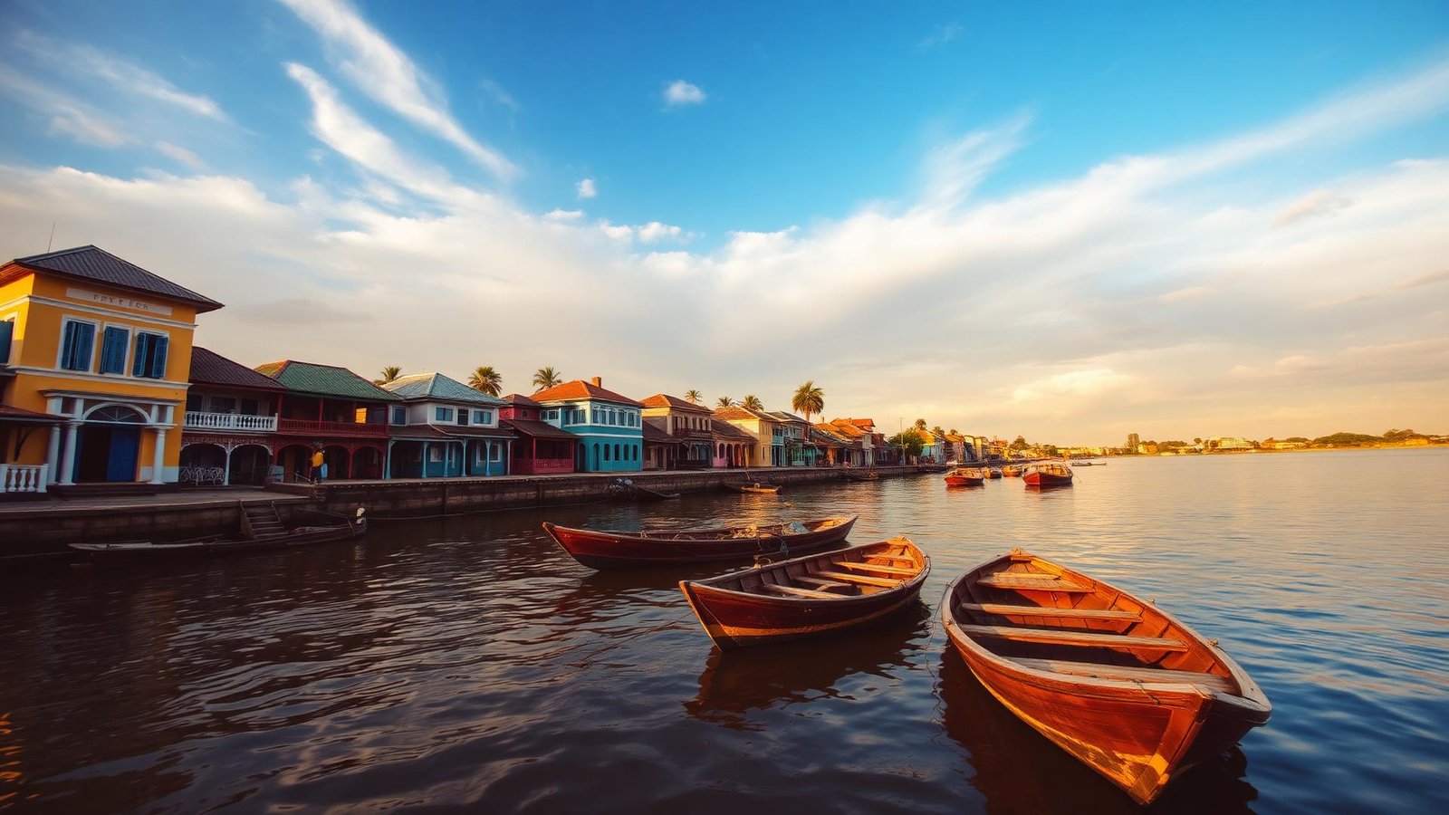 Historic colourful colonial-era waterfront and wooden boats in Old Calabar